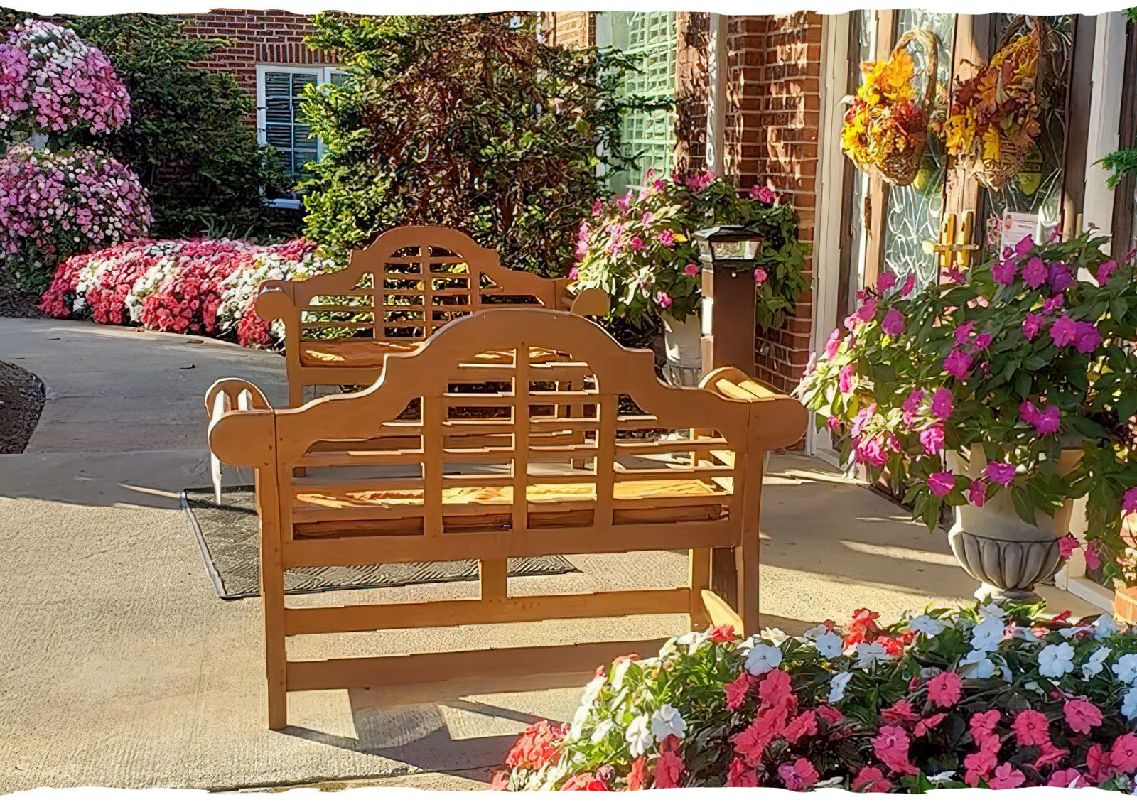 Garden bench surrounded by SunPatiens